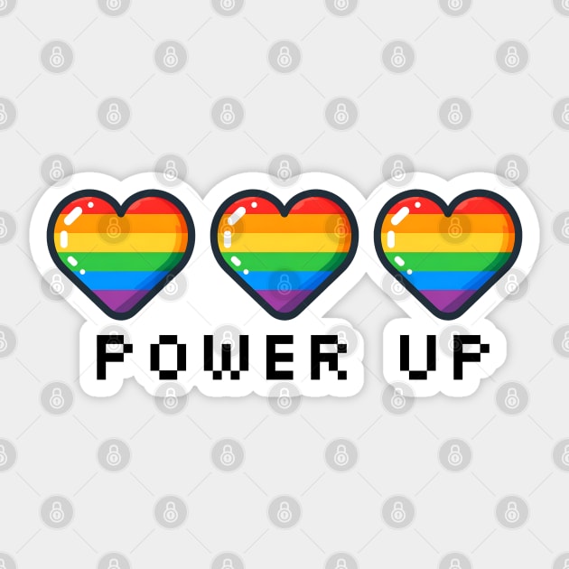 Gay Pride Power Up Video Game Rainbow Hearts Pride Flag LBGT Sticker by Yesteeyear